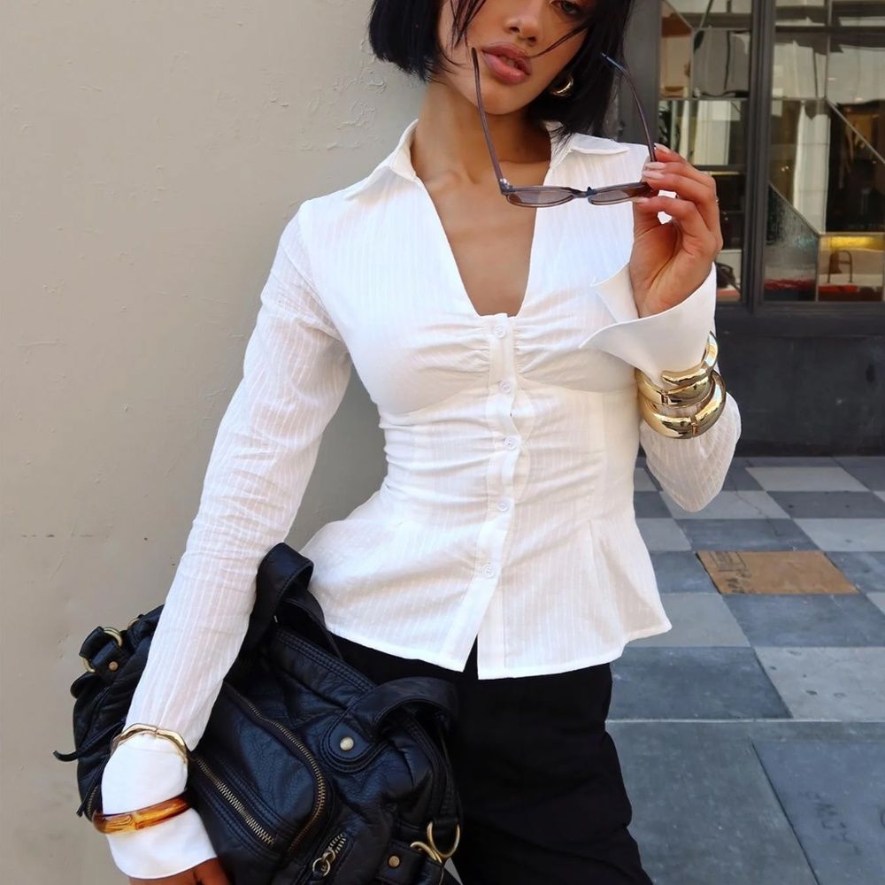 Princess Polly White Fitted Button-Front Peplum Blouse